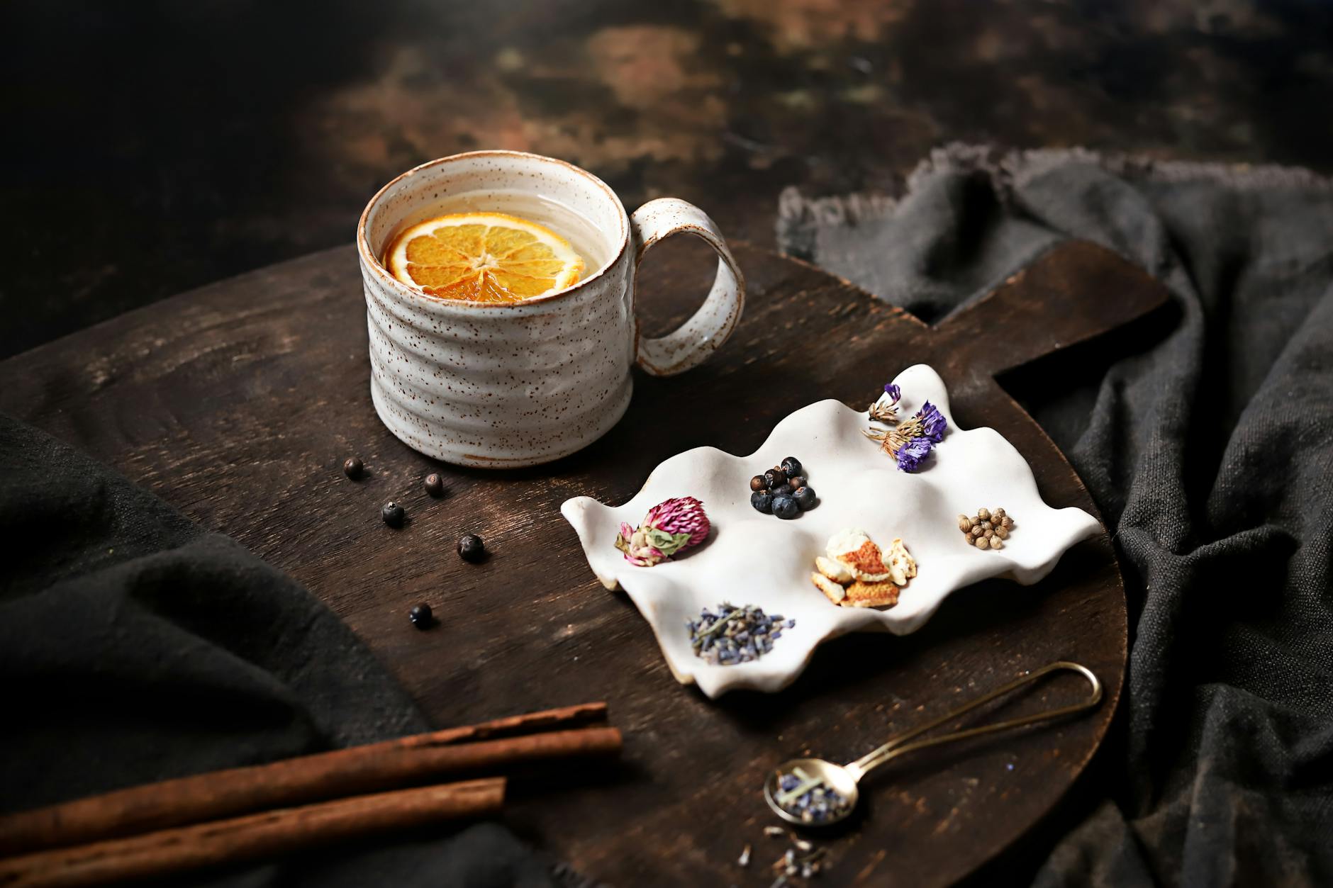 rustic herbal tea with dried orange slice
