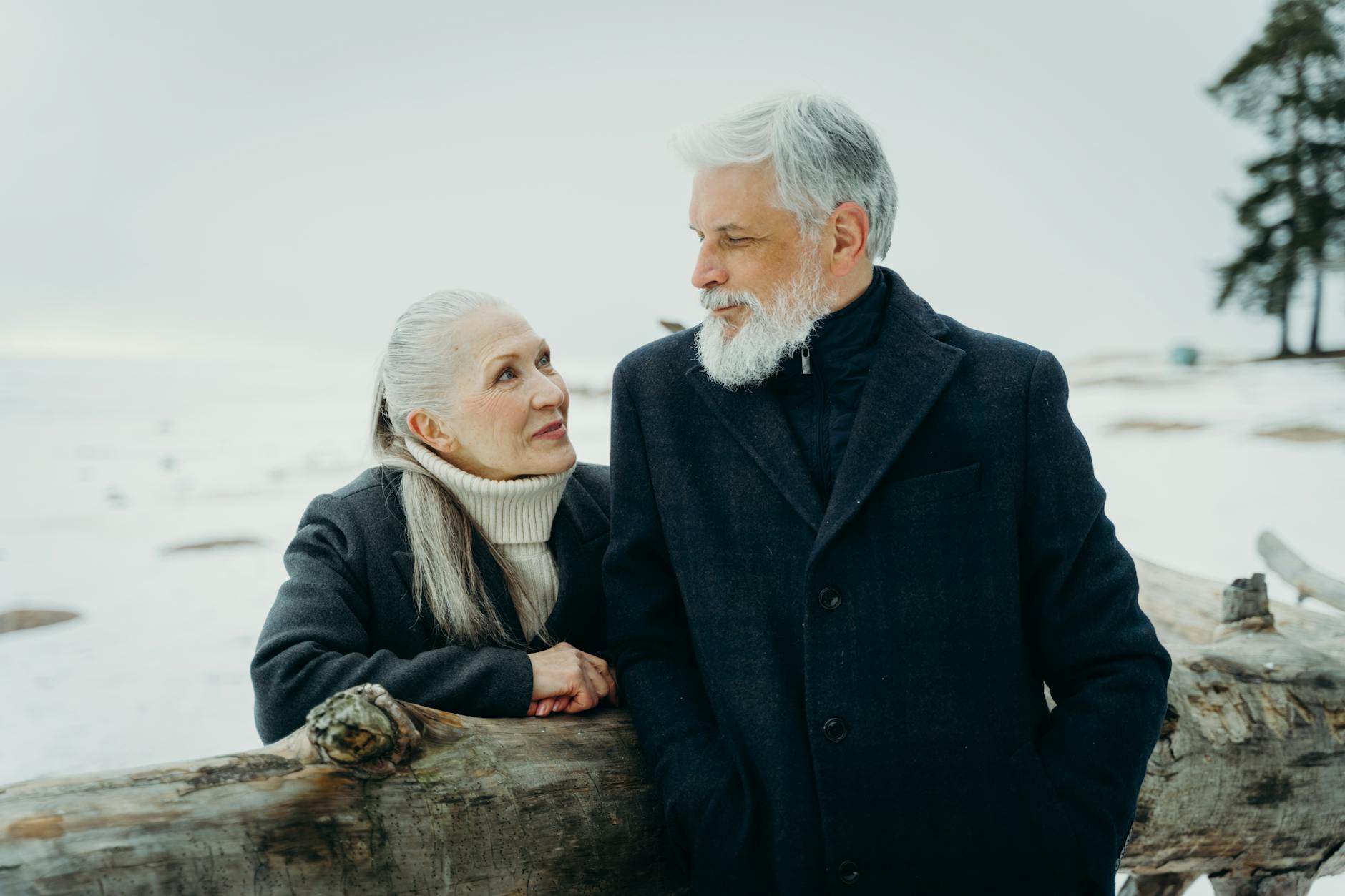 elderly couple looking at each other
